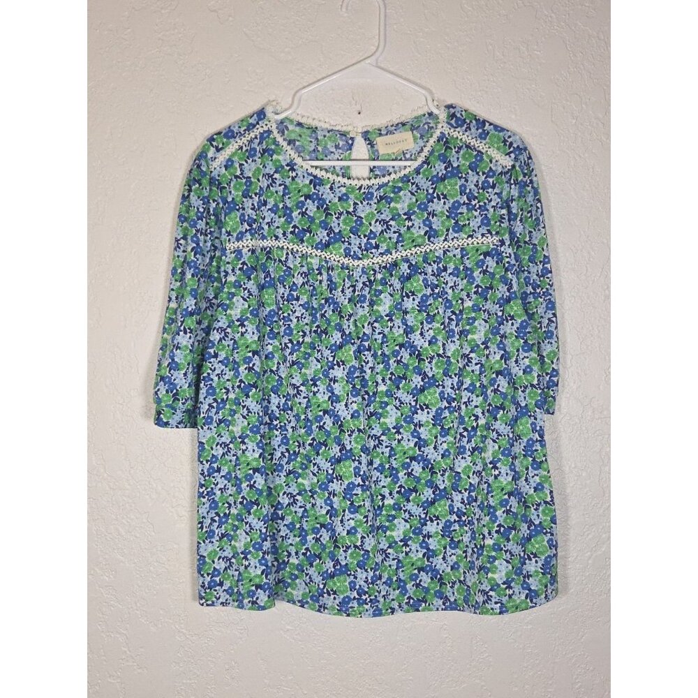 Melloday Top Womens XL Blue Green Floral Blouse Casual Flowy Boho Girly